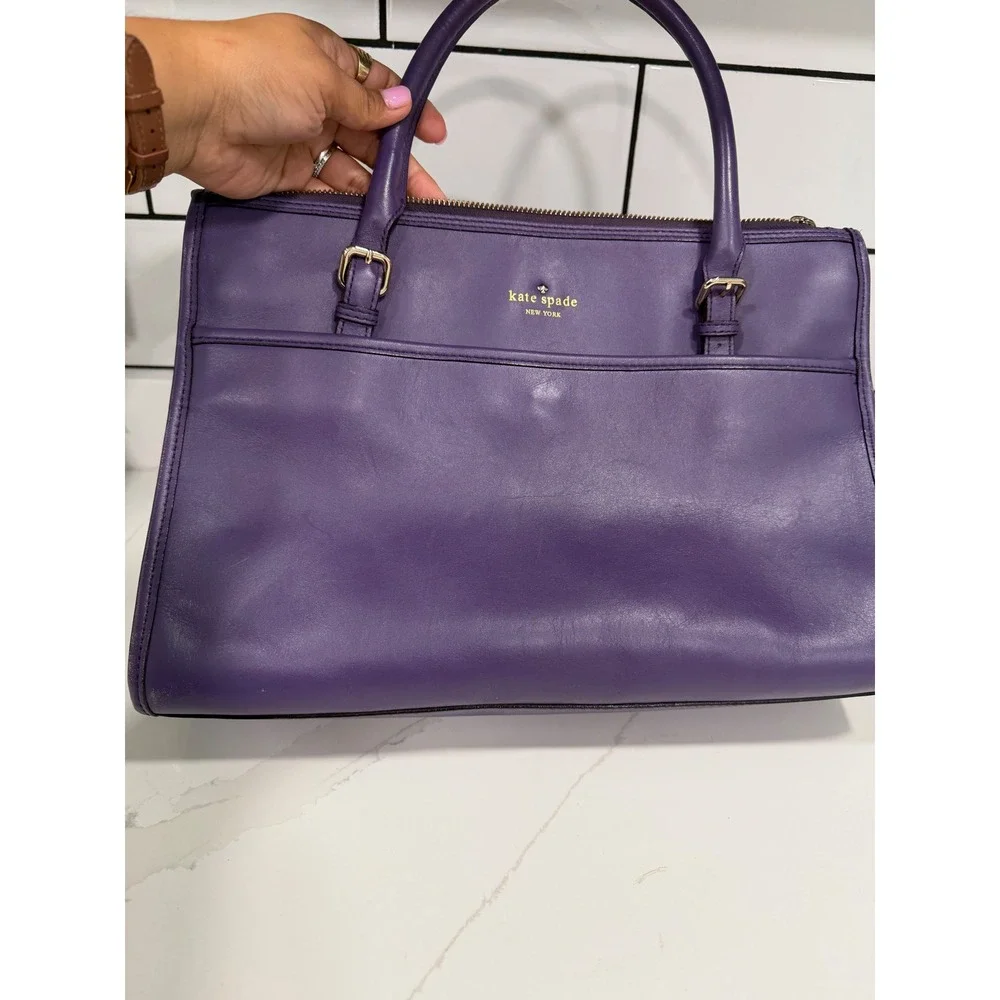 Kate Spade New York Purple Leather Satchel Zip Top Tote Bag Silver Hardware